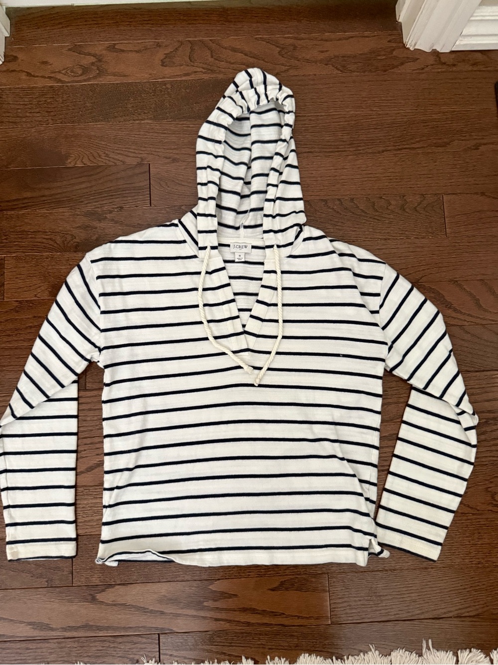 J. Crew White Hooded Long-Sleeve Top with Navy Stripes